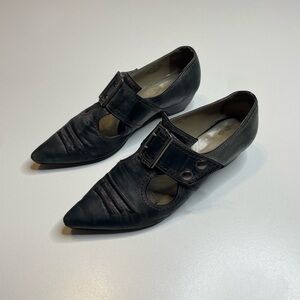 John Fluevog Pilgrim Buckled Victorian Loafers Black Green Leather Women’s Sz 8